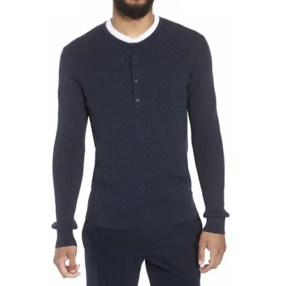 Vince Men’s Ribbed Knit Linen Blend Henley Navy Sweater Size L Pullover Top - Picture 1 of 8